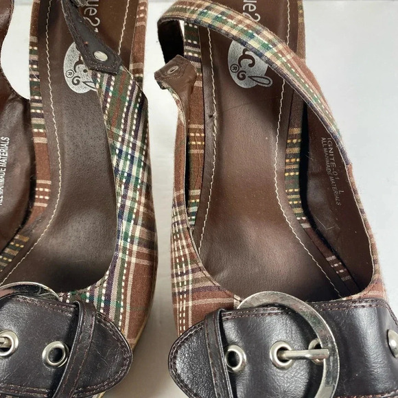 Rue 21 Brown & Teal Pin Stripe Open Toed Heels - Picture 10 of 11